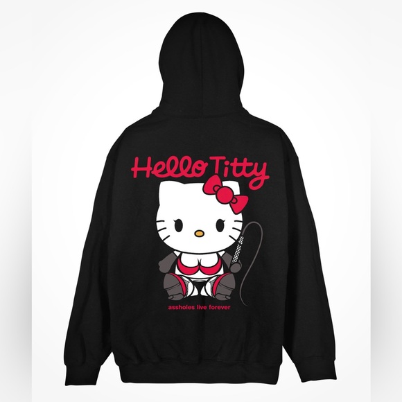 Assholes Live Forever Tops - ALF ASSHOLES LIVE FOREVER Hello Titty Hello Kitty Hoodie Sweatshirt Black L, XXL